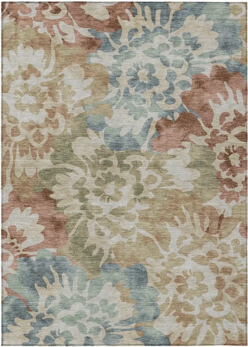 Rust And Beige Floral Washable Indoor Outdoor Area Rug Photo 8