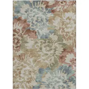 Photo of Rust And Beige Floral Washable Indoor Outdoor Area Rug