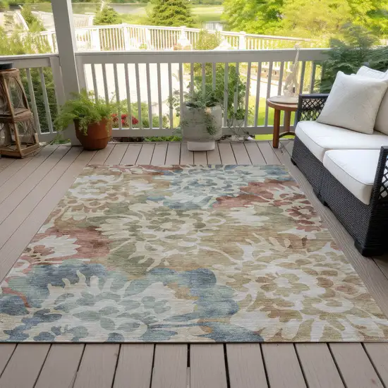 Rust And Beige Floral Washable Indoor Outdoor Area Rug Photo 7