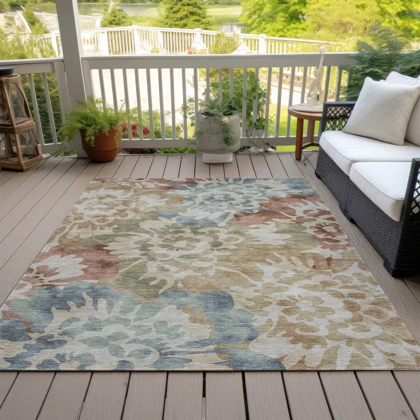 Rust And Beige Floral Washable Indoor Outdoor Area Rug Photo 7