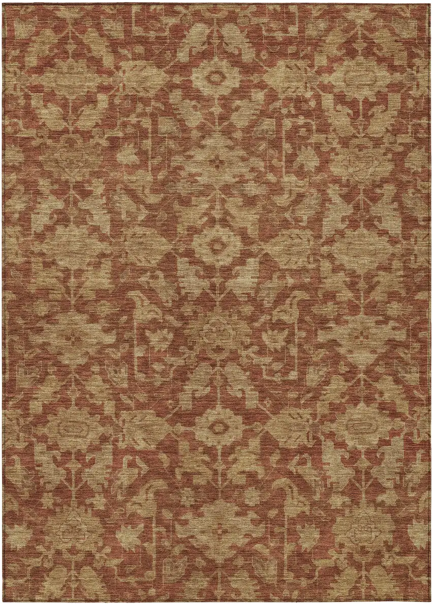 Rust And Beige Floral Washable Indoor Outdoor Area Rug Photo 1