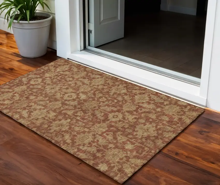 Rust And Beige Floral Washable Indoor Outdoor Area Rug Photo 1