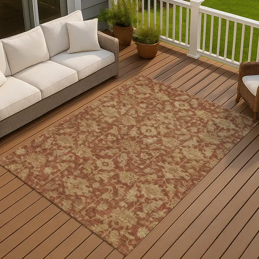 Rust And Beige Floral Washable Indoor Outdoor Area Rug Photo 4