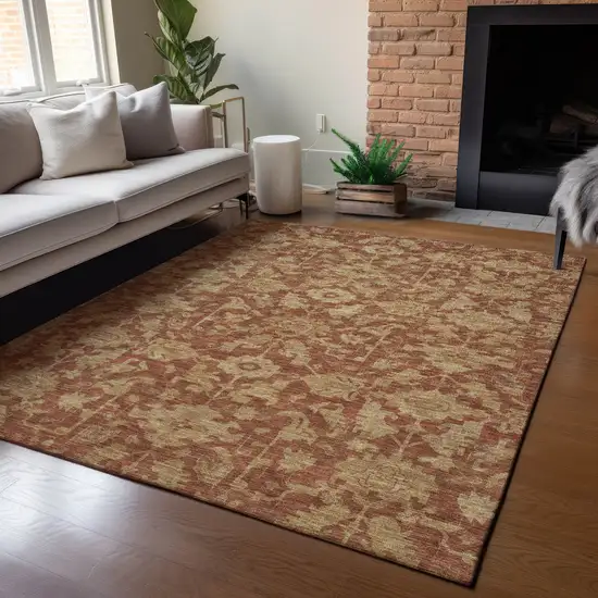 Rust And Beige Floral Washable Indoor Outdoor Area Rug Photo 6