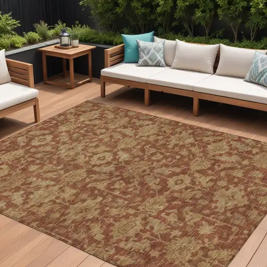 Rust And Beige Floral Washable Indoor Outdoor Area Rug Photo 1