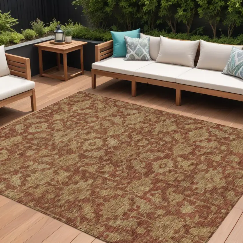 Rust And Beige Floral Washable Indoor Outdoor Area Rug Photo 1
