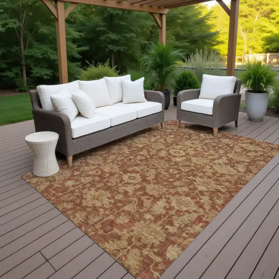 Rust And Beige Floral Washable Indoor Outdoor Area Rug Photo 7