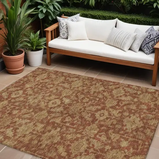 Rust And Beige Floral Washable Indoor Outdoor Area Rug Photo 1