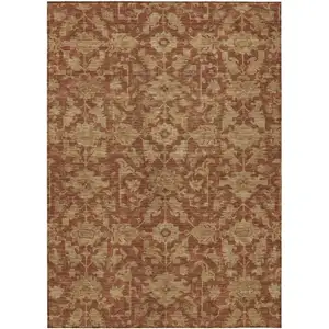 Photo of Rust And Beige Floral Washable Indoor Outdoor Area Rug