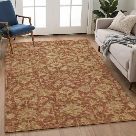 Rust And Beige Floral Washable Indoor Outdoor Area Rug Photo 5