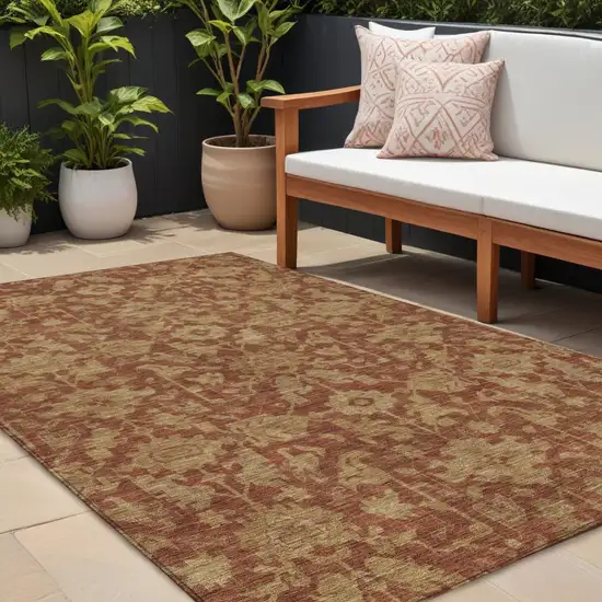 Rust And Beige Floral Washable Indoor Outdoor Area Rug Photo 1