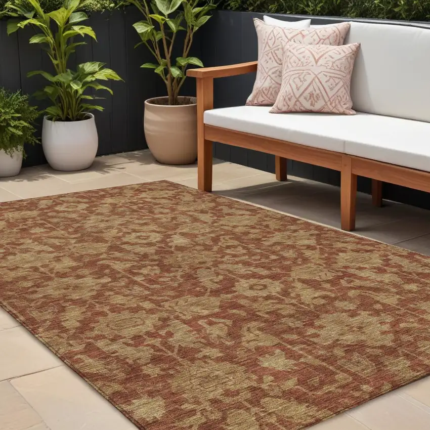 Rust And Beige Floral Washable Indoor Outdoor Area Rug Photo 1