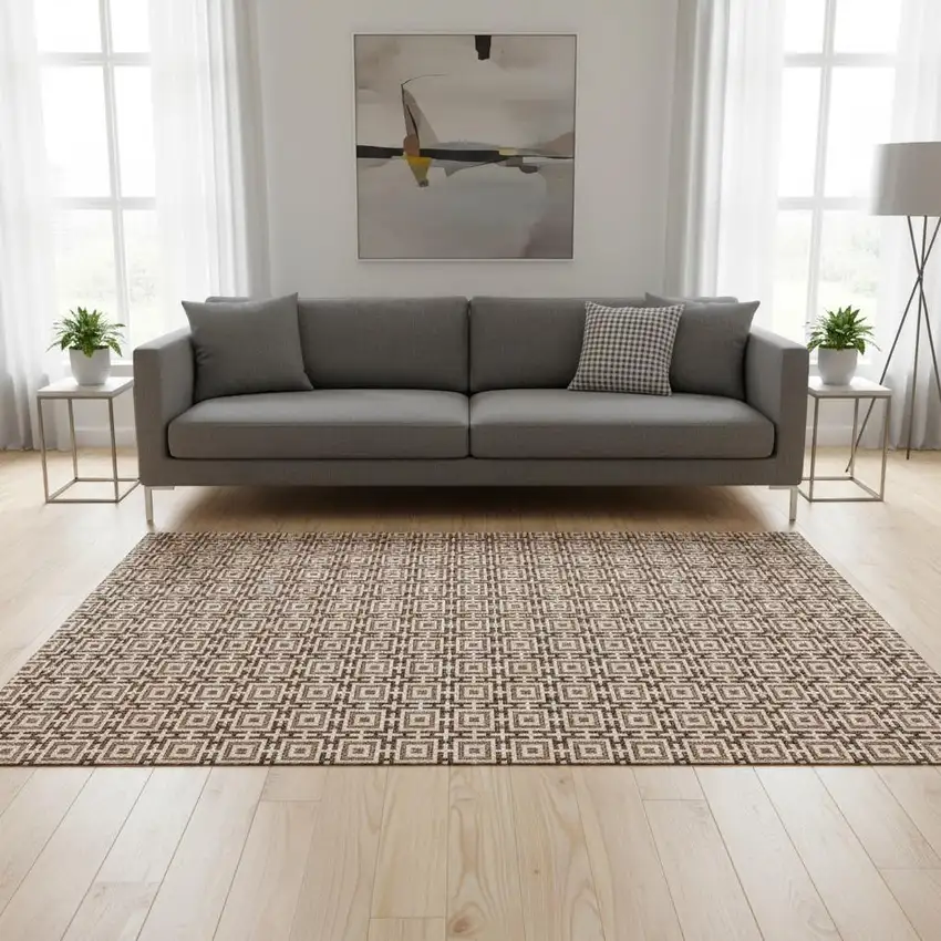 Rust And Beige Geometric Washable Area Rug With UV Protection Photo 1