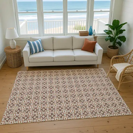 Rust And Beige Geometric Washable Area Rug With UV Protection Photo 6