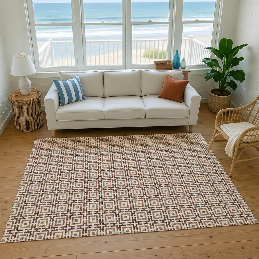 Rust And Beige Geometric Washable Area Rug With UV Protection Photo 6
