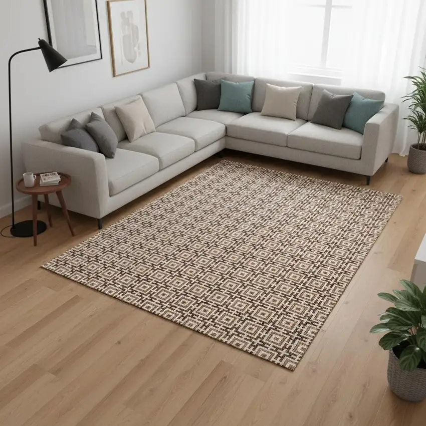 Rust And Beige Geometric Washable Area Rug With UV Protection Photo 1
