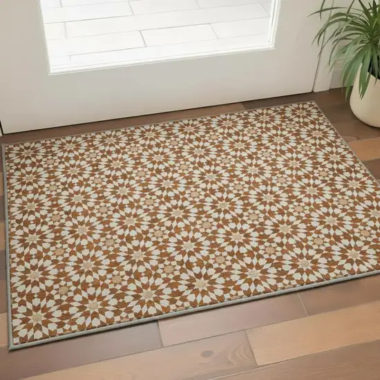 Rust And Beige Geometric Washable Area Rug With UV Protection Photo 2