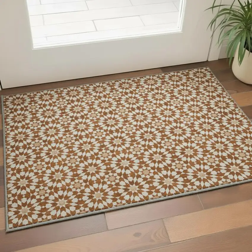 Rust And Beige Geometric Washable Area Rug With UV Protection Photo 2