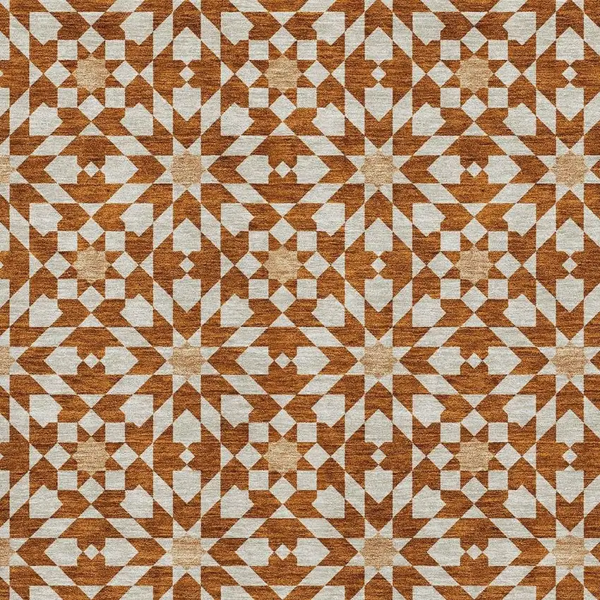 Rust And Beige Geometric Washable Area Rug With UV Protection Photo 3