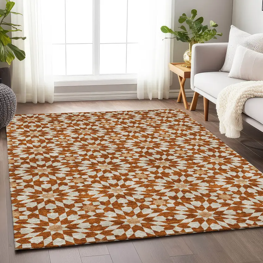 Rust And Beige Geometric Washable Area Rug With UV Protection Photo 5