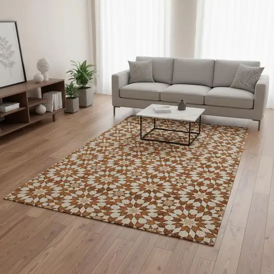 Rust And Beige Geometric Washable Area Rug With UV Protection Photo 2