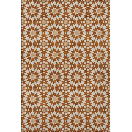 Rust And Beige Geometric Washable Area Rug With UV Protection Photo 4