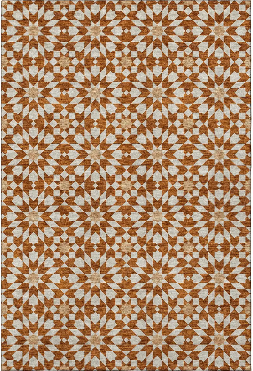 Rust And Beige Geometric Washable Area Rug With UV Protection Photo 4