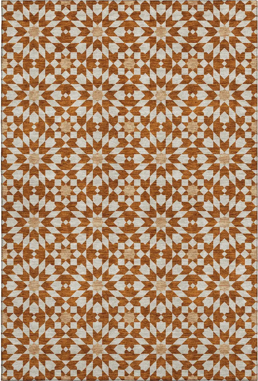 Rust And Beige Geometric Washable Area Rug With UV Protection Photo 1