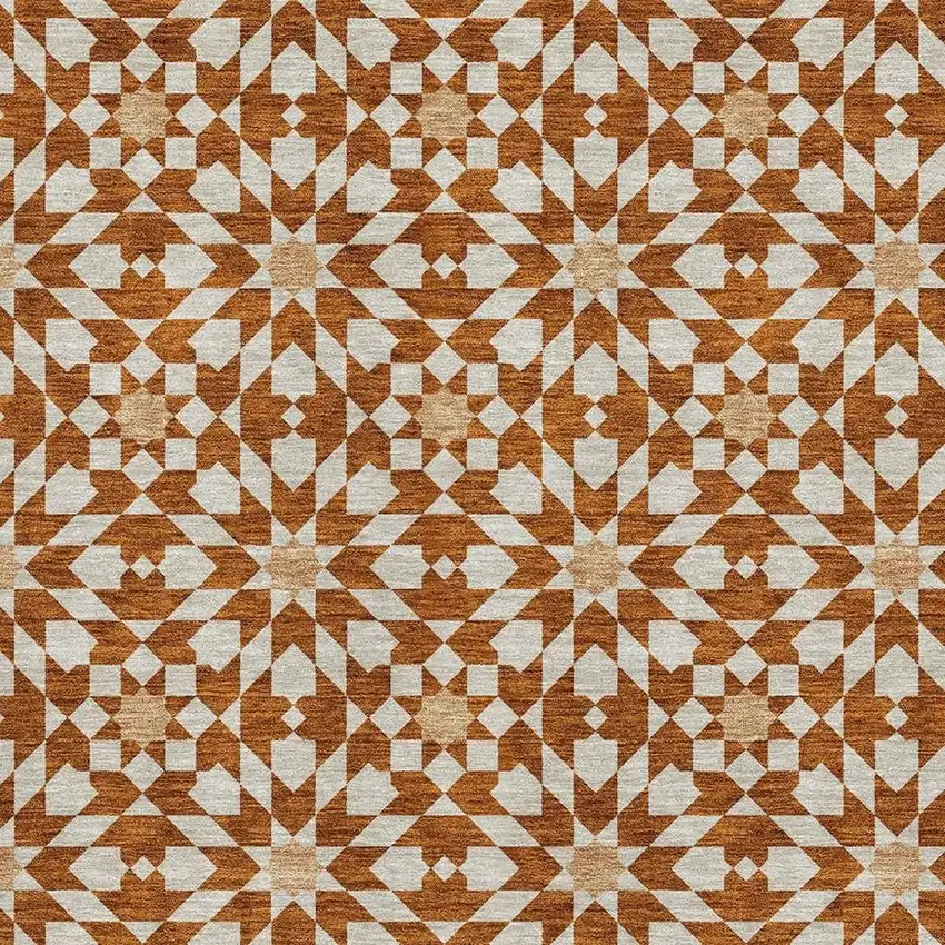 Rust And Beige Geometric Washable Area Rug With UV Protection Photo 3