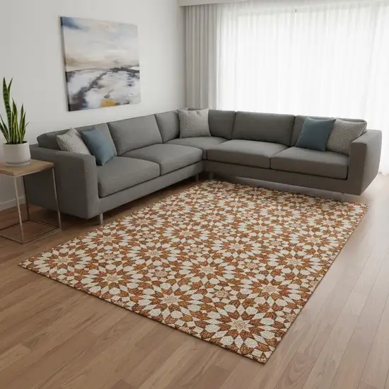 Rust And Beige Geometric Washable Area Rug With UV Protection Photo 2