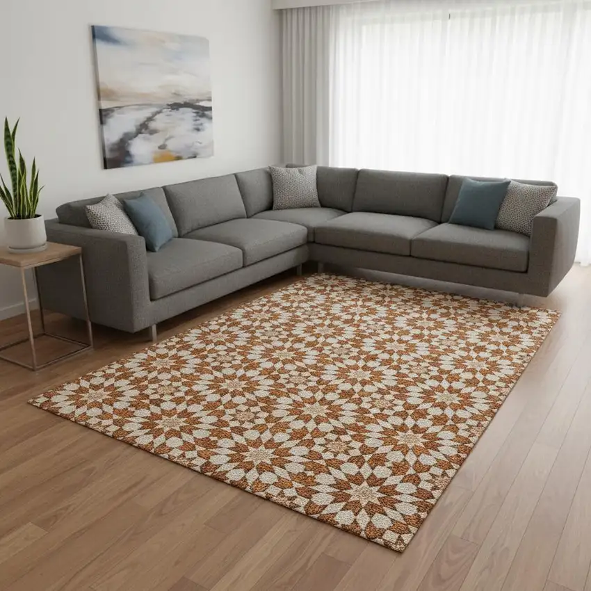 Rust And Beige Geometric Washable Area Rug With UV Protection Photo 2