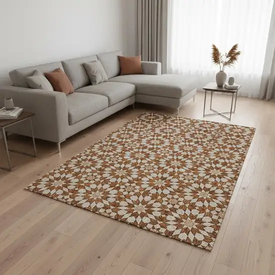 Rust And Beige Geometric Washable Area Rug With UV Protection Photo 2