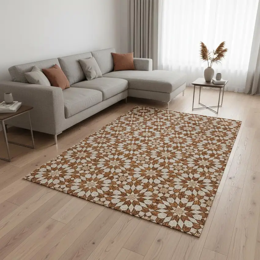 Rust And Beige Geometric Washable Area Rug With UV Protection Photo 2