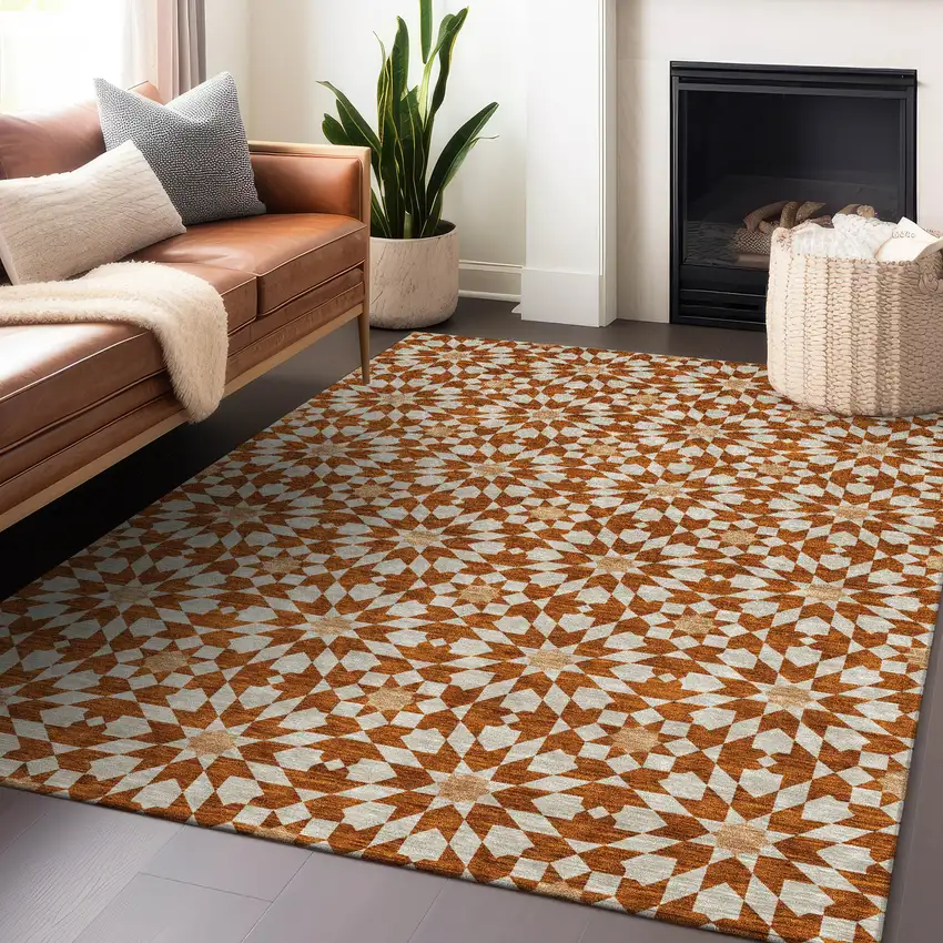 Rust And Beige Geometric Washable Area Rug With UV Protection Photo 6