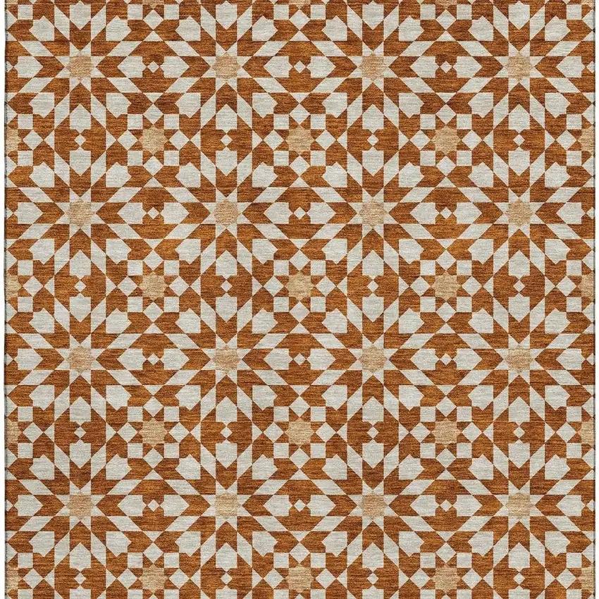 Rust And Beige Geometric Washable Area Rug With UV Protection Photo 4