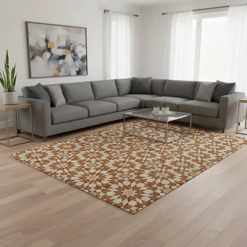 Rust And Beige Geometric Washable Area Rug With UV Protection Photo 2