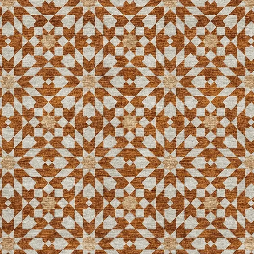 Rust And Beige Geometric Washable Area Rug With UV Protection Photo 3