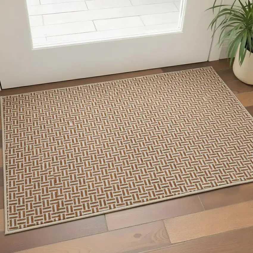 Rust And Beige Geometric Washable Area Rug With UV Protection Photo 2
