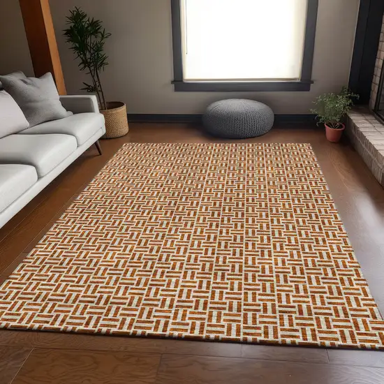 Rust And Beige Geometric Washable Area Rug With UV Protection Photo 6
