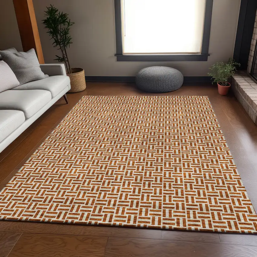 Rust And Beige Geometric Washable Area Rug With UV Protection Photo 6
