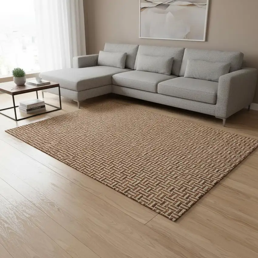 Rust And Beige Geometric Washable Area Rug With UV Protection Photo 2