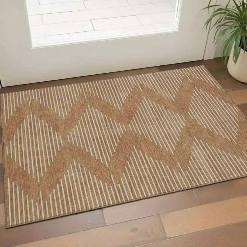 Rust And Beige Geometric Washable Area Rug With UV Protection Photo 2