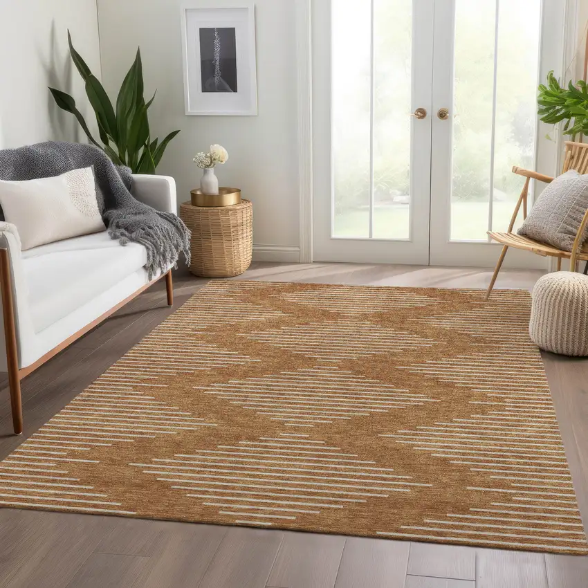 Rust And Beige Geometric Washable Area Rug With UV Protection Photo 5