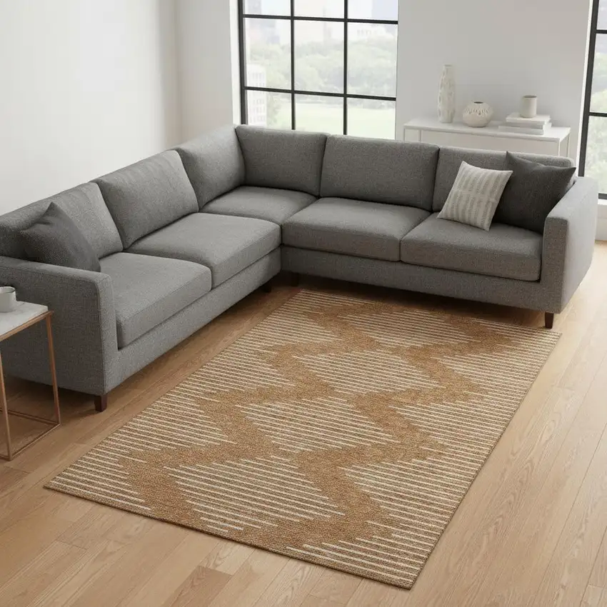 Rust And Beige Geometric Washable Area Rug With UV Protection Photo 2