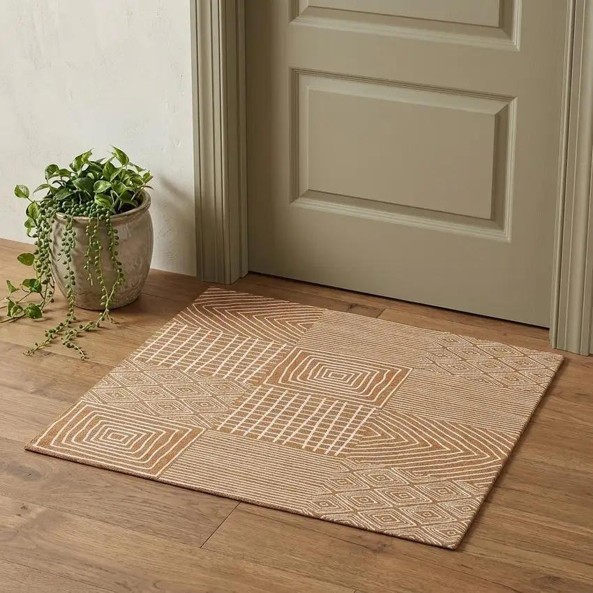 Rust And Beige Geometric Washable Area Rug With UV Protection Photo 1