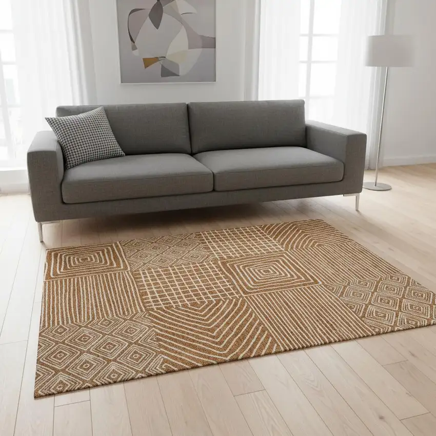 Rust And Beige Geometric Washable Area Rug With UV Protection Photo 2