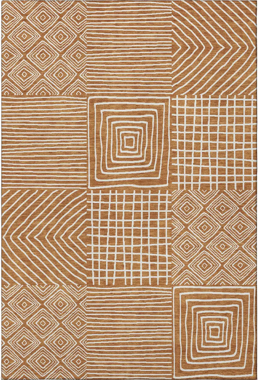Rust And Beige Geometric Washable Area Rug With UV Protection Photo 3