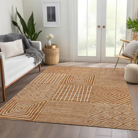 Rust And Beige Geometric Washable Area Rug With UV Protection Photo 5