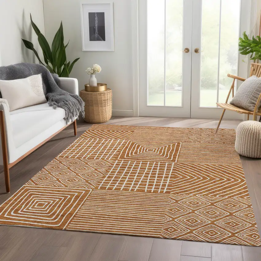 Rust And Beige Geometric Washable Area Rug With UV Protection Photo 5