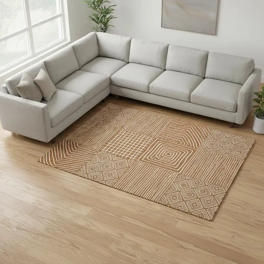 Rust And Beige Geometric Washable Area Rug With UV Protection Photo 2